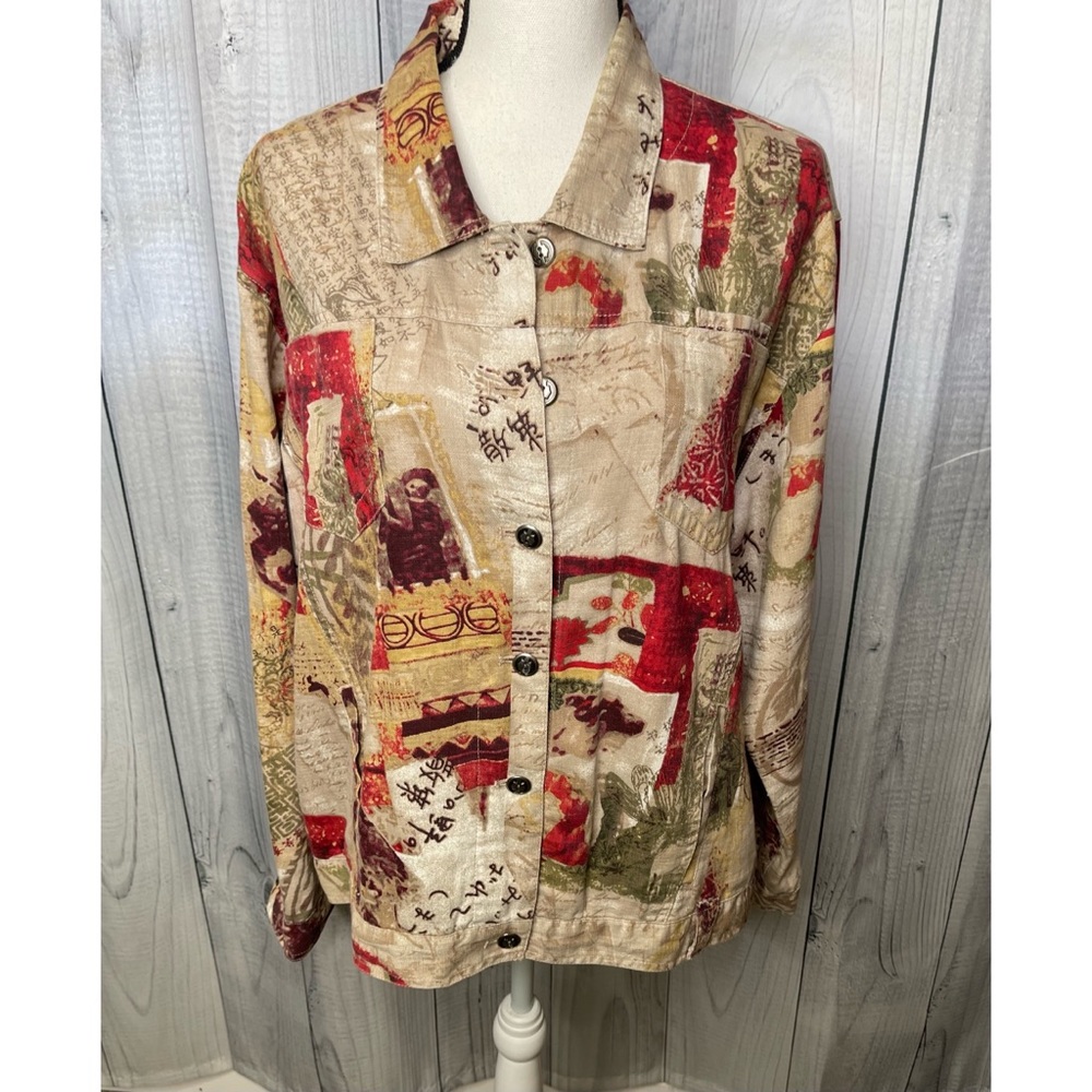 Chico’s Chicos Jacket Linen Blend Lightweight Button Front Asian Print Size XL